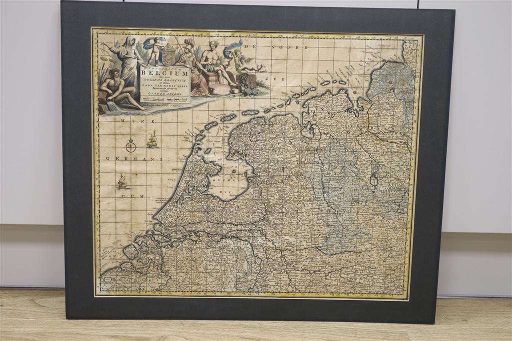 An 18th century hand coloured engraved map of Belgium, 47 x 56cm, unframed